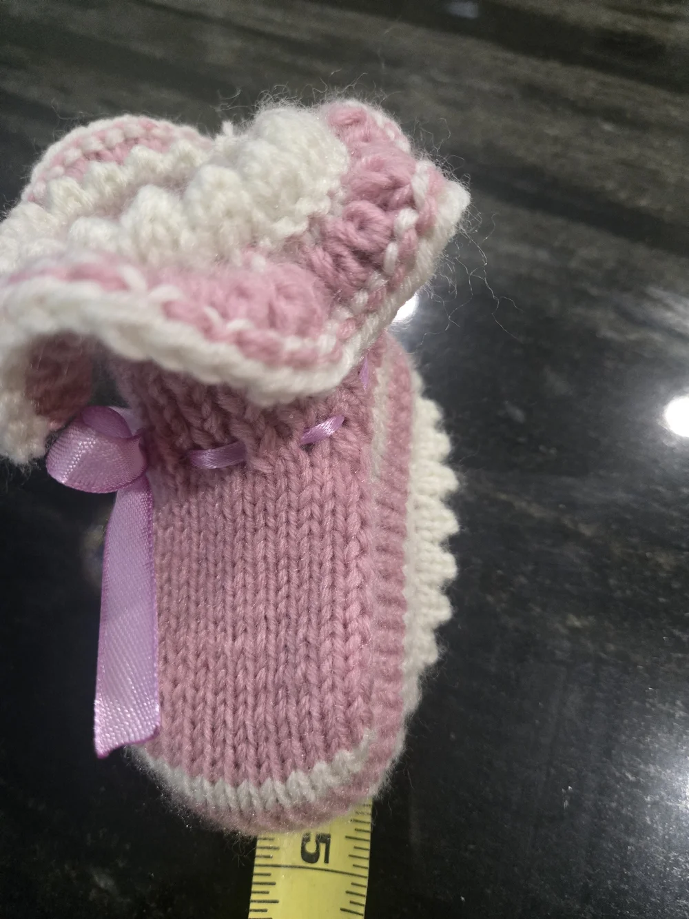 Hand-Knit Baby Booties with Ribbon - Pink and White
